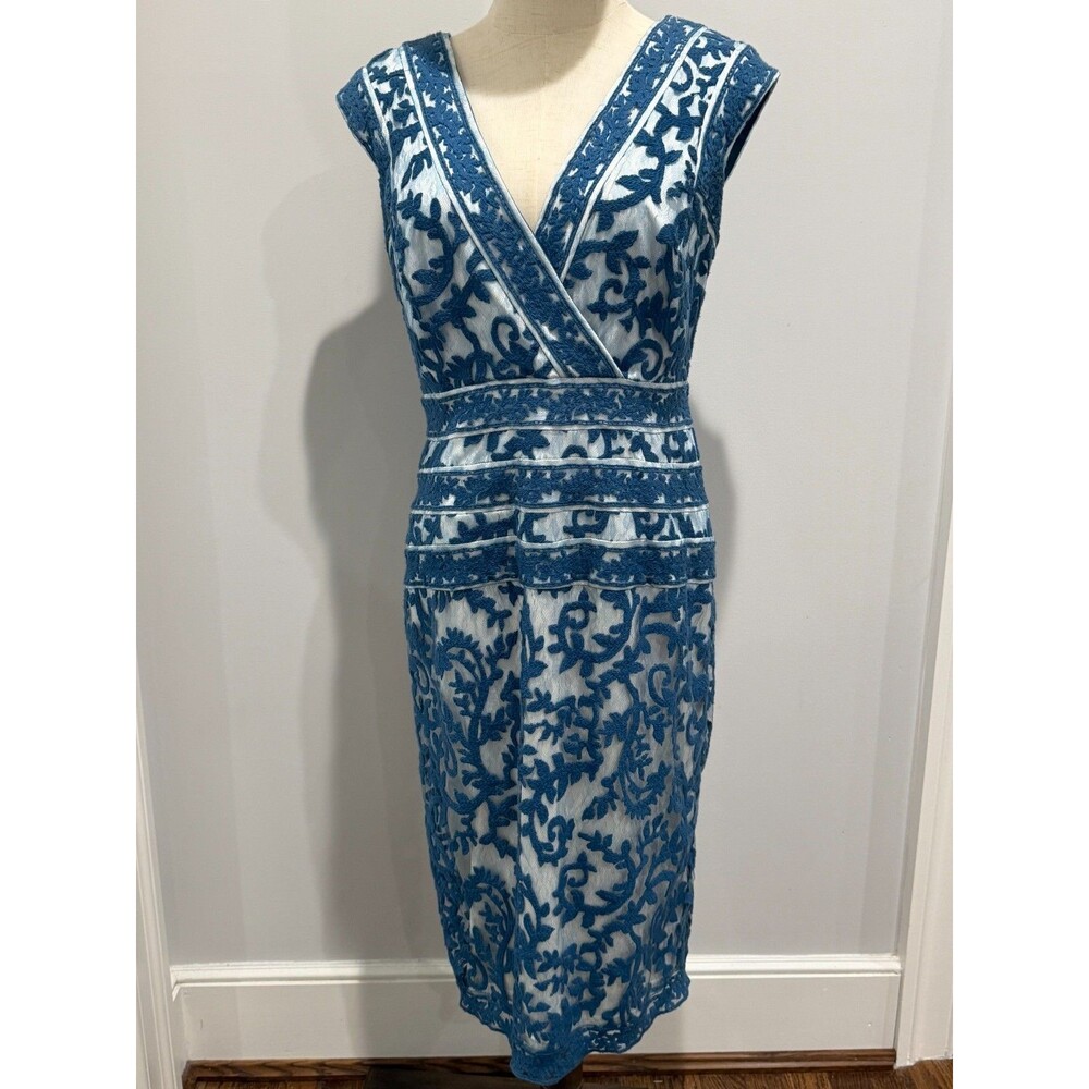 Tadashi Shoji Blue Embroidered Lace Sheath Dress Size 8 Cocktail Wedding